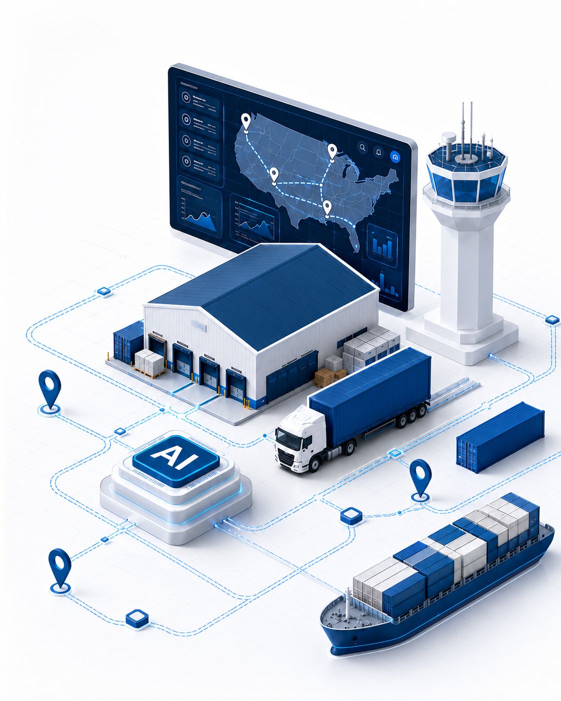 AI-assisted logistics illustration with a transportation visibility dashboard, warehouse, truck, and freight vessel