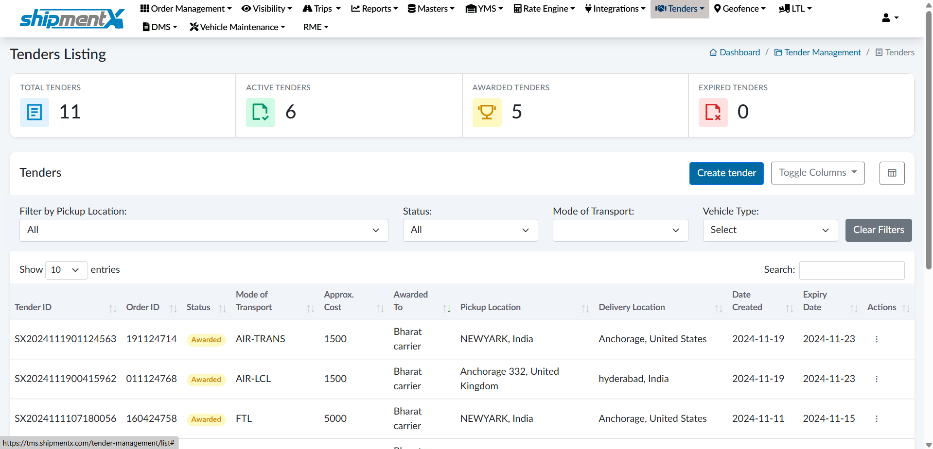Tender Display Example tendering | ShipmentX